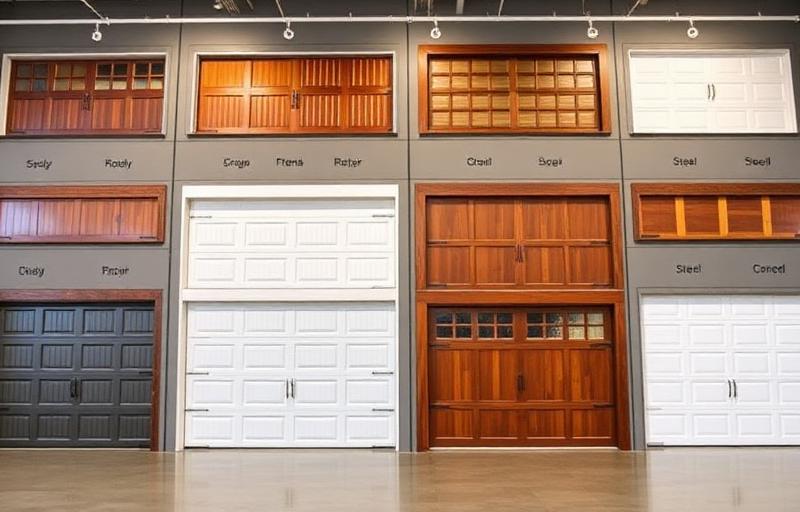 Showroom display of various garage door styles and brands - residential garage door comparison