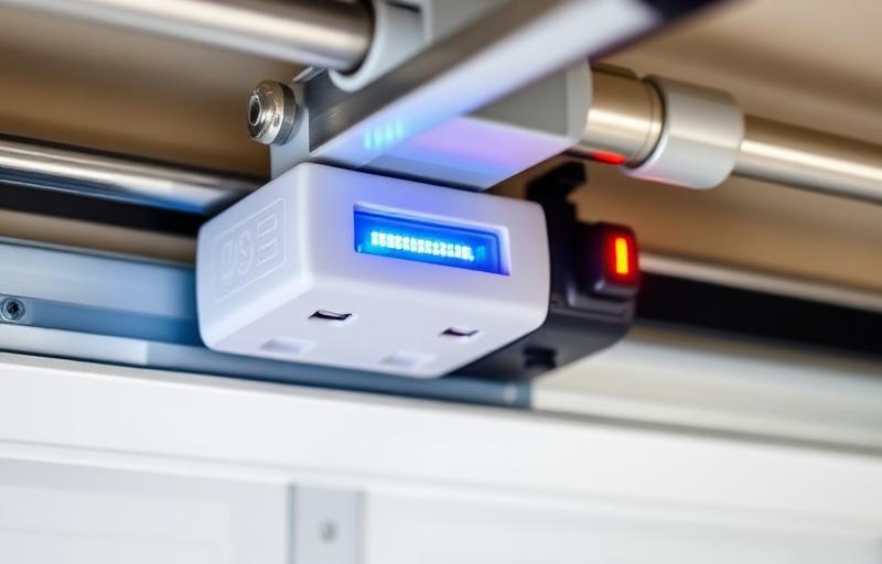 Garage door safety sensor with LED indicator lights during calibration - professional sensor alignment